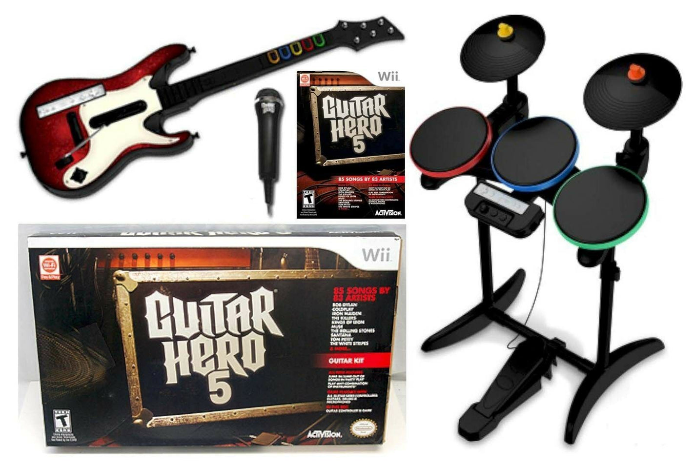 NEW Nintendo Wii Wii U Guitar Hero 5 BAND SET Kit w/Drums+Mic+Guitar Game Bundle