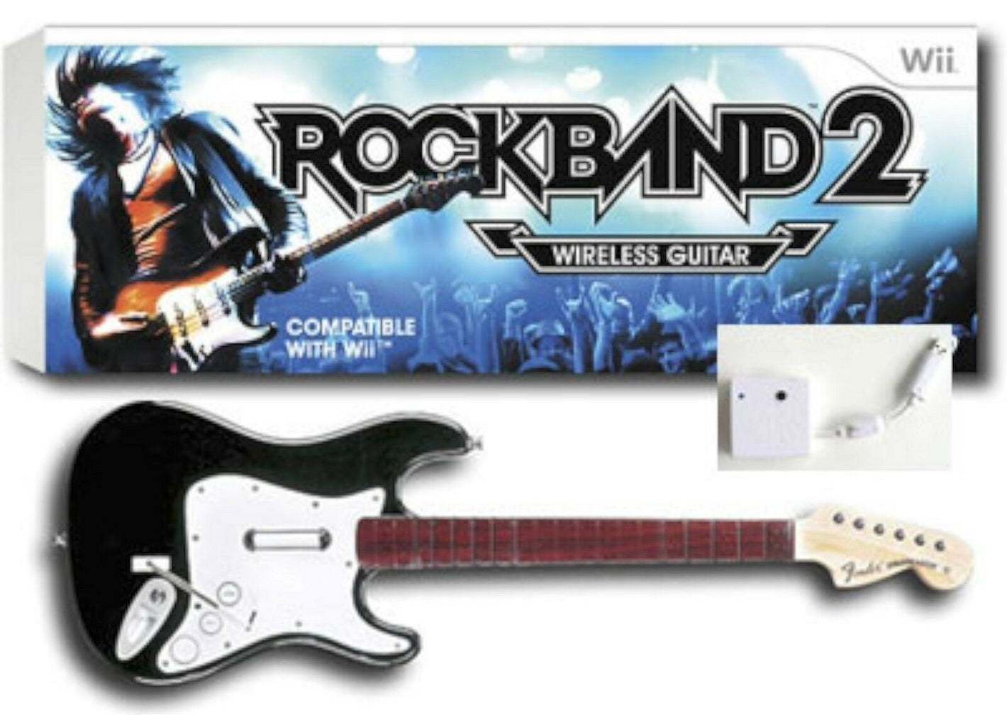 GENUINE Nintendo Wii U/Wii ROCK BAND 2 Fender Wireless GUITAR WITH DONGLE Black