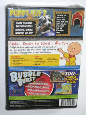 NEW SEALED Kids Play Triple Pack Puppy Luv 2 Love Caillou Bubble Burst PC Game