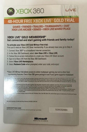 NEW Microsoft Xbox 360 Live Free 48 Hour Trial GOLD Subscription Card UNUSED